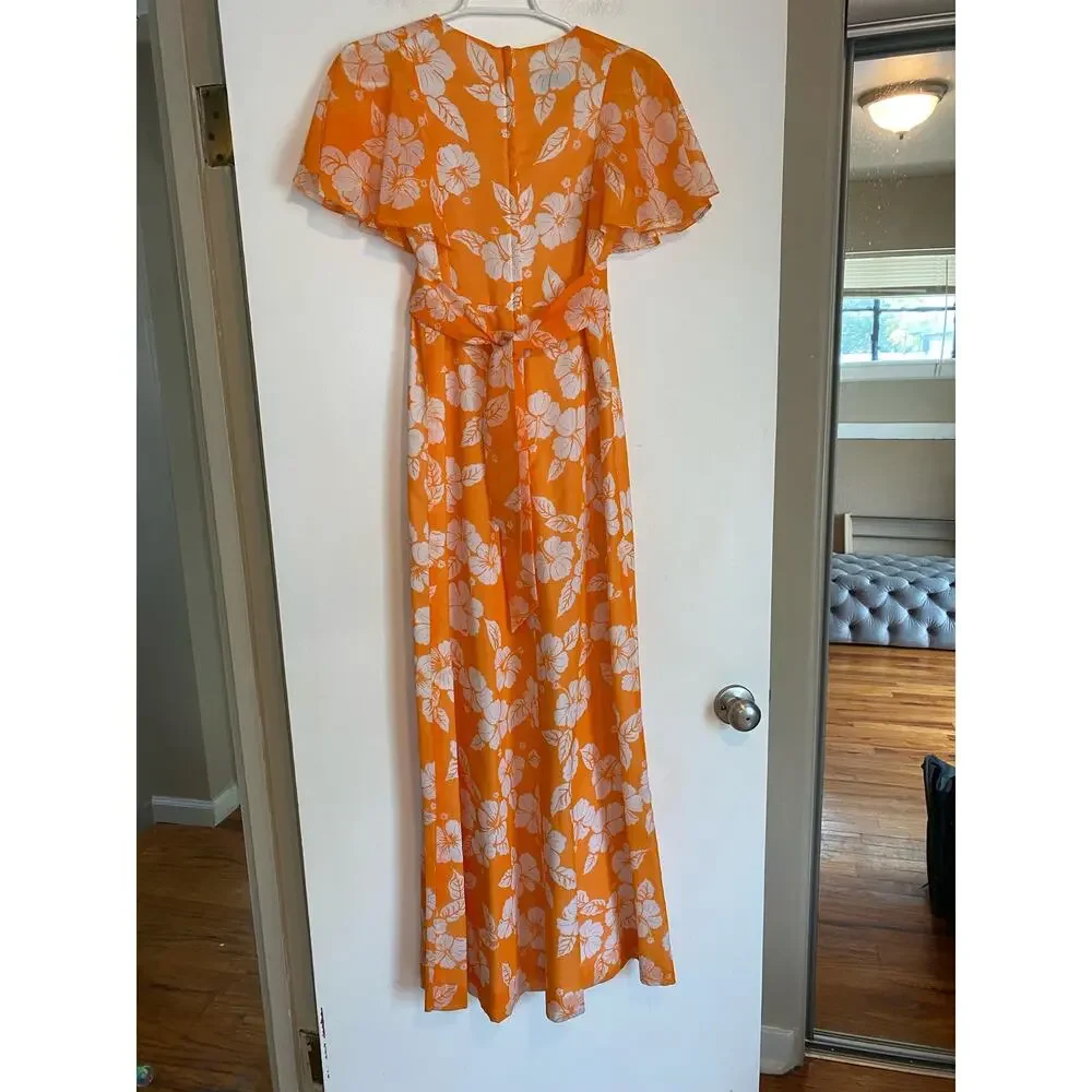Vtg Andrade Honolulu Hawaiian maxi dress flutter sleeve hibiscus print S 60s 70s